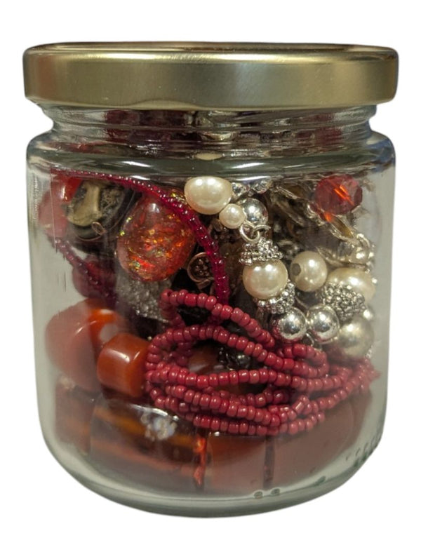 Crimson Ember Jar – Red, Amber & Pearl-Tone Costume Jewellery Collection