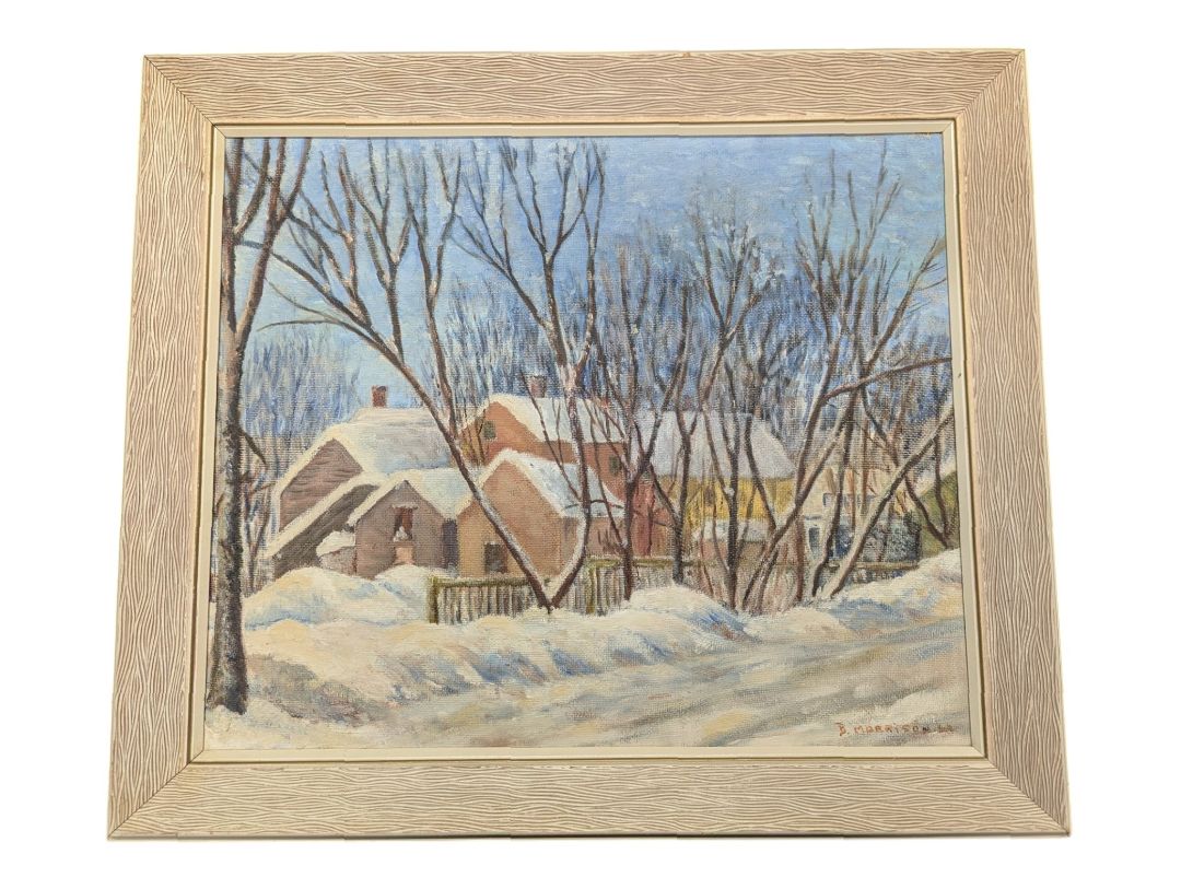 Framed Winter Village Landscape Painting Signed J. Morrison