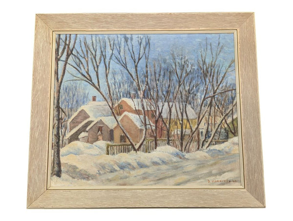 Framed Winter Village Landscape Painting Signed J. Morrison